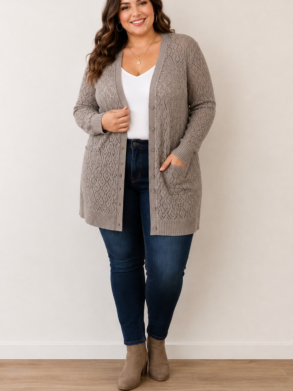 torrid Taupe Openwork Button-Front Cardigan